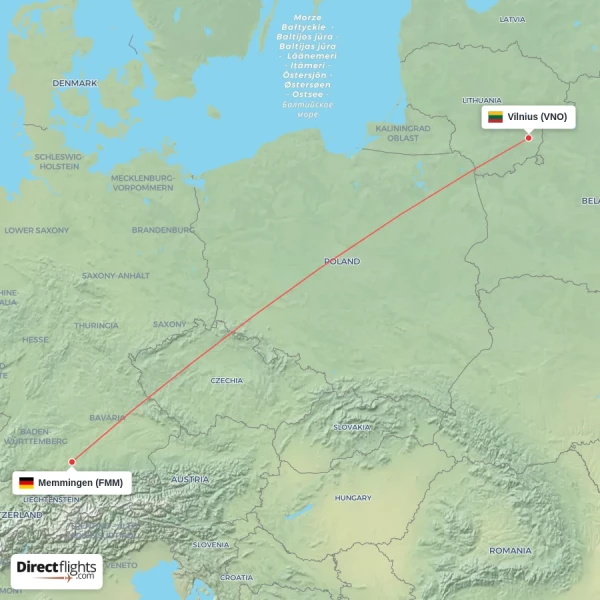 Vilnius - Memmingen direct flight map