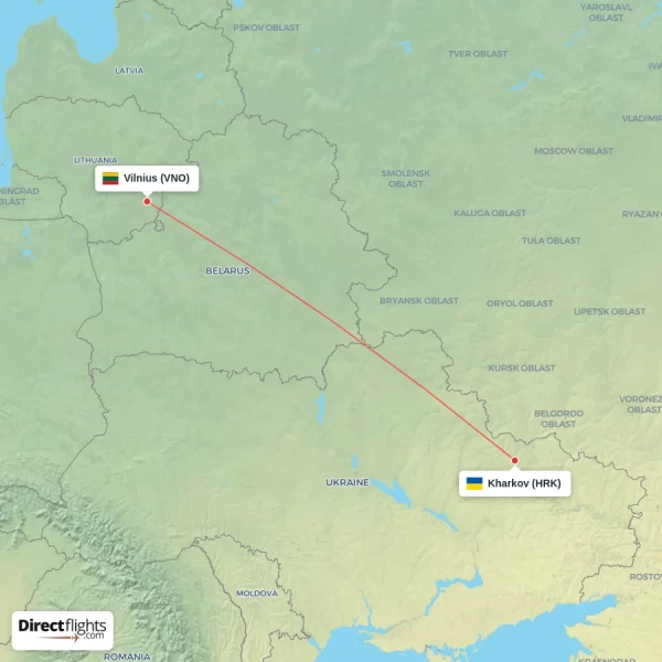 Vilnius - Kharkov direct flight map