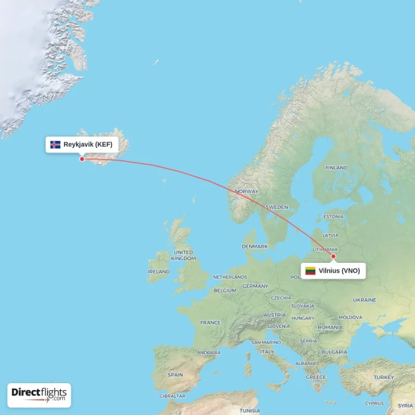 Vilnius - Reykjavik direct flight map