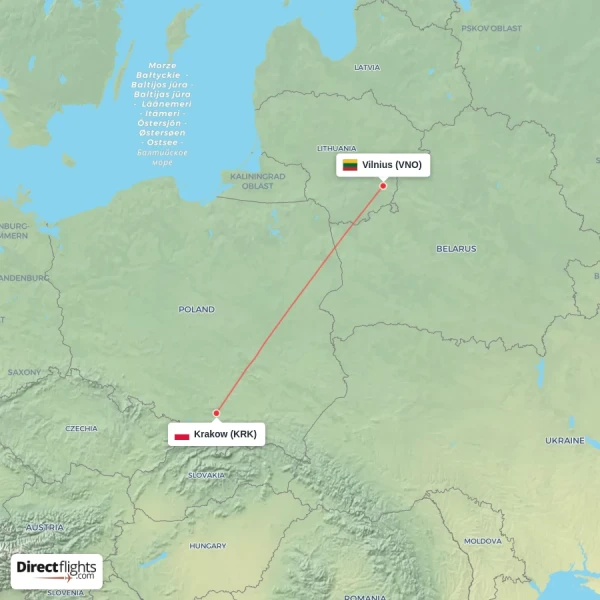 Vilnius - Krakow direct flight map