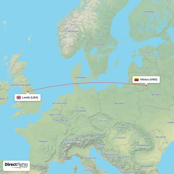 Vilnius - Leeds direct flight map