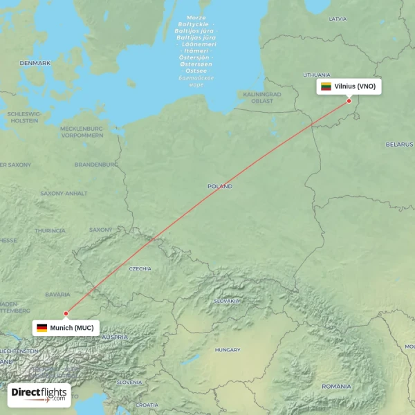 Vilnius - Munich direct flight map