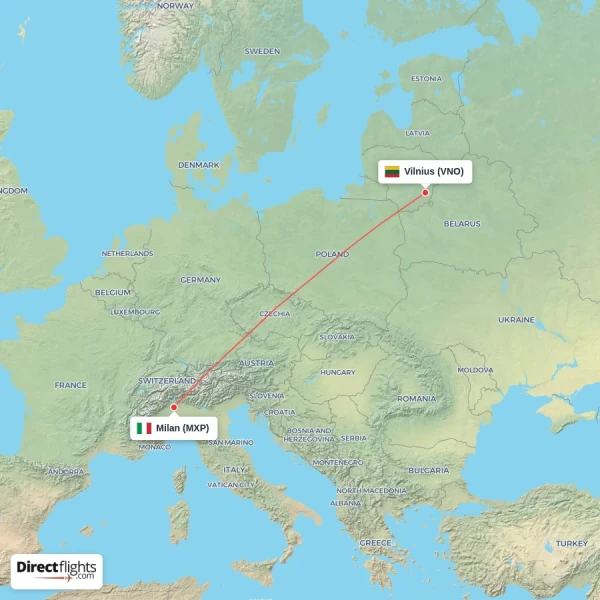 Vilnius - Milan direct flight map