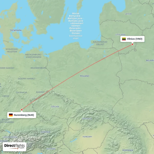 Vilnius - Nuremberg direct flight map