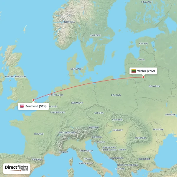 Vilnius - Southend direct flight map
