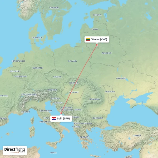 Vilnius - Split direct flight map