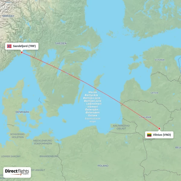 Vilnius - Sandefjord direct flight map