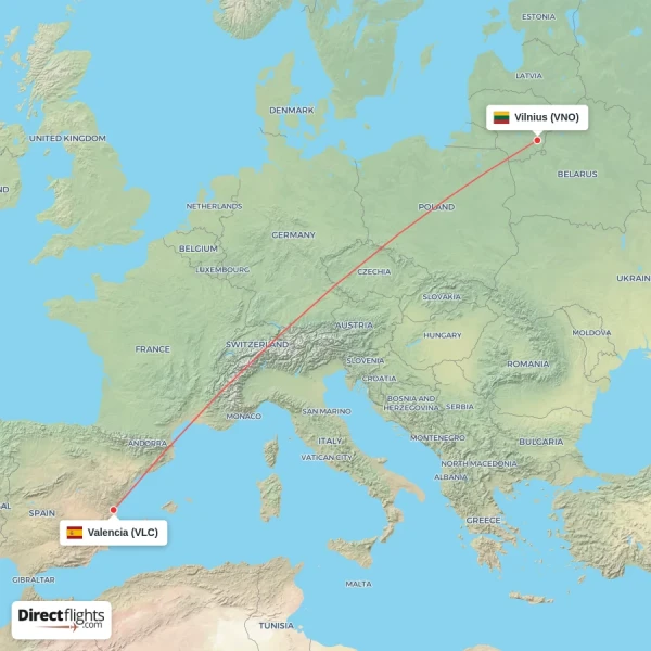 Vilnius - Valencia direct flight map