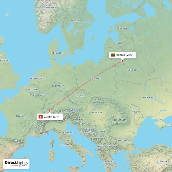 Vilnius - Zurich direct flight map