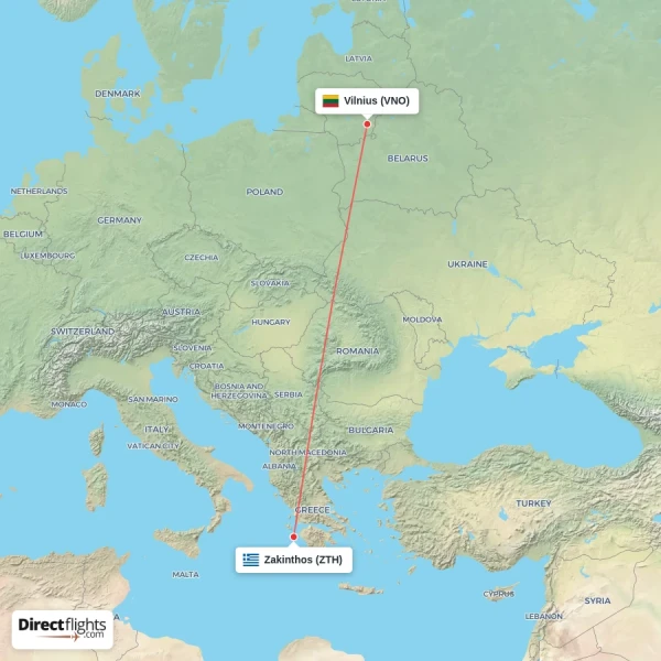 Vilnius - Zakinthos direct flight map