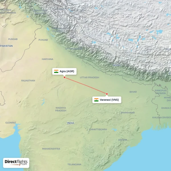 Varanasi - Agra direct flight map