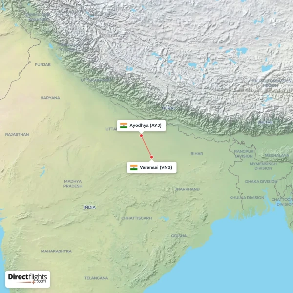 Varanasi - Ayodhya direct flight map