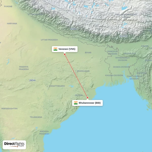 Varanasi - Bhubaneswar direct flight map