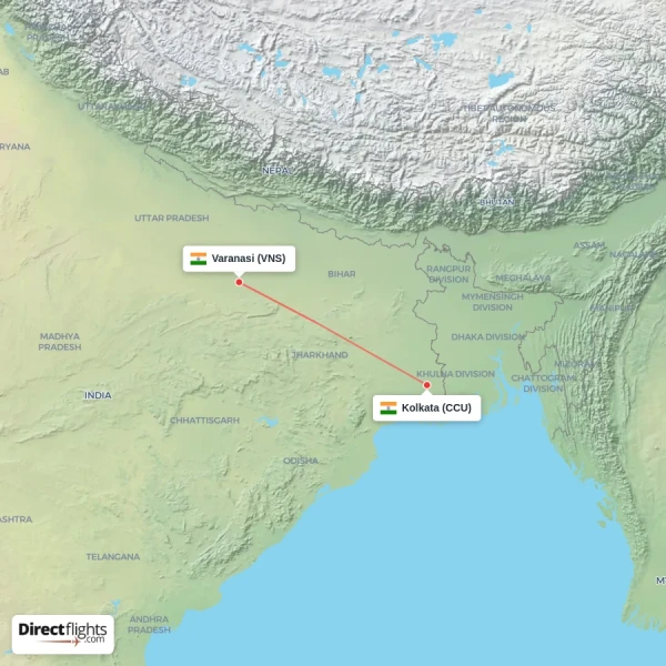 Varanasi - Kolkata direct flight map