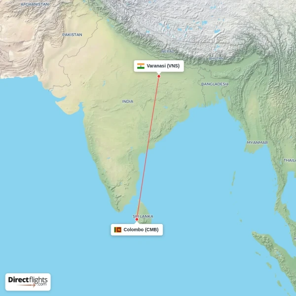 Varanasi - Colombo direct flight map