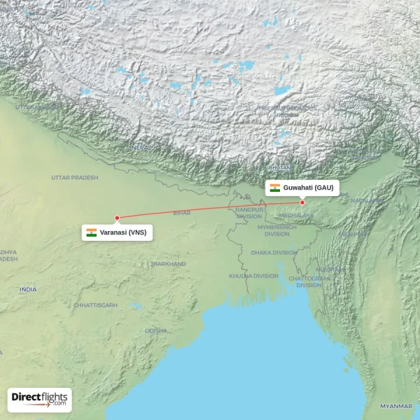 Varanasi - Guwahati direct flight map