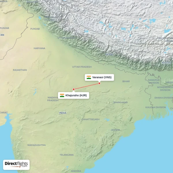 Varanasi - Khajuraho direct flight map