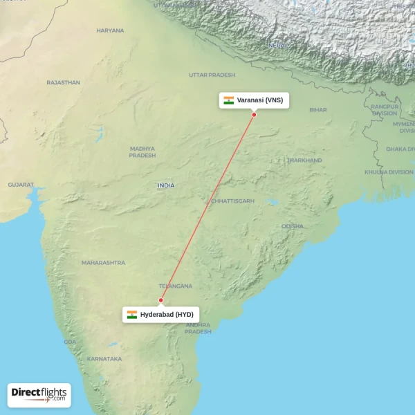 Varanasi - Hyderabad direct flight map