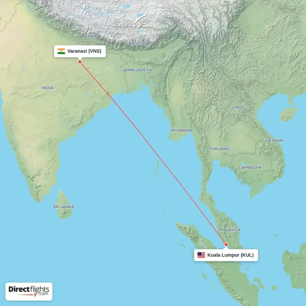 Varanasi - Kuala Lumpur direct flight map