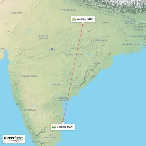 Varanasi - Chennai direct flight map