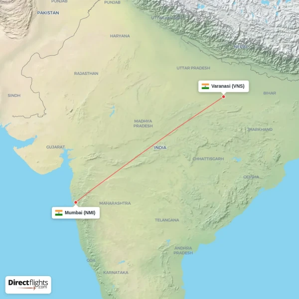 Varanasi - Mumbai direct flight map