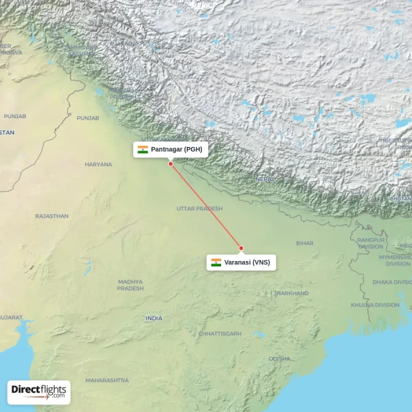 Varanasi - Pantnagar direct flight map