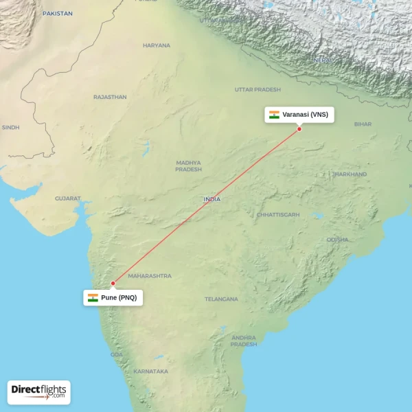 Varanasi - Pune direct flight map