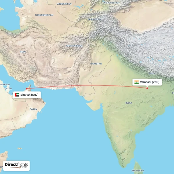 Varanasi - Sharjah direct flight map