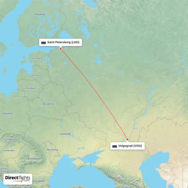 Volgograd - Saint Petersburg direct flight map