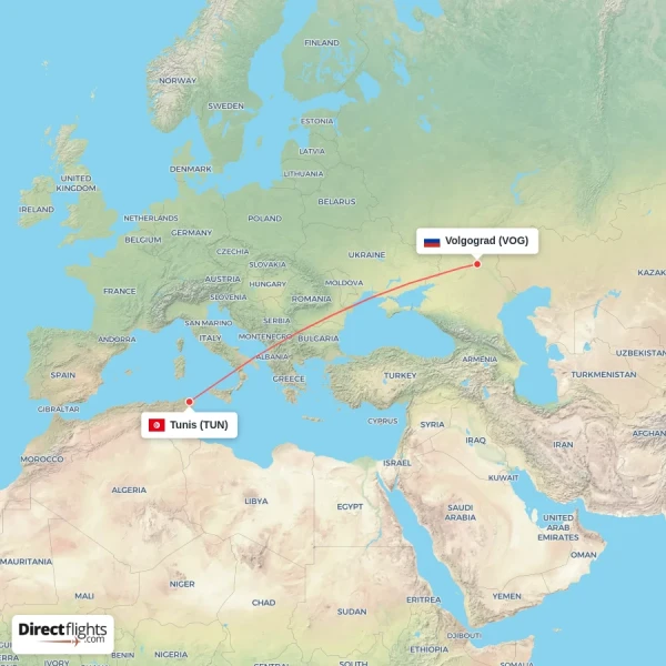 Volgograd - Tunis direct flight map