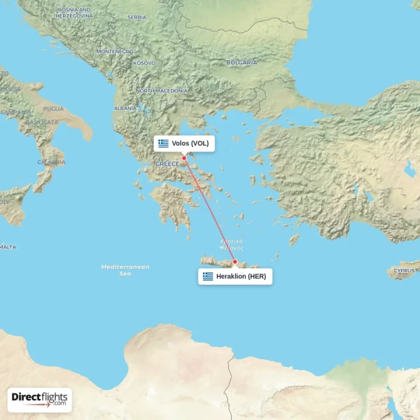 Volos - Heraklion direct flight map