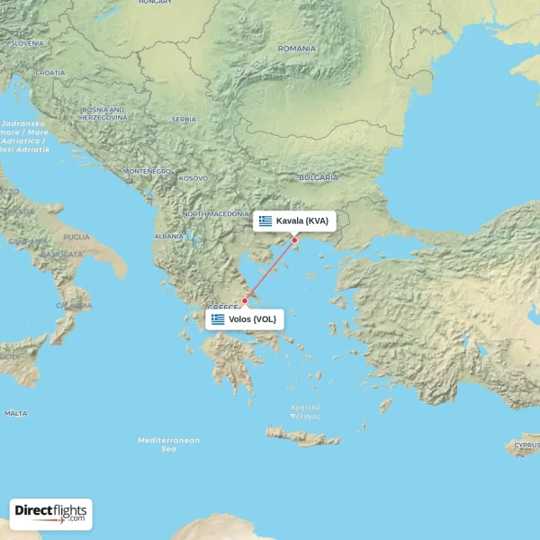 Volos - Kavala direct flight map
