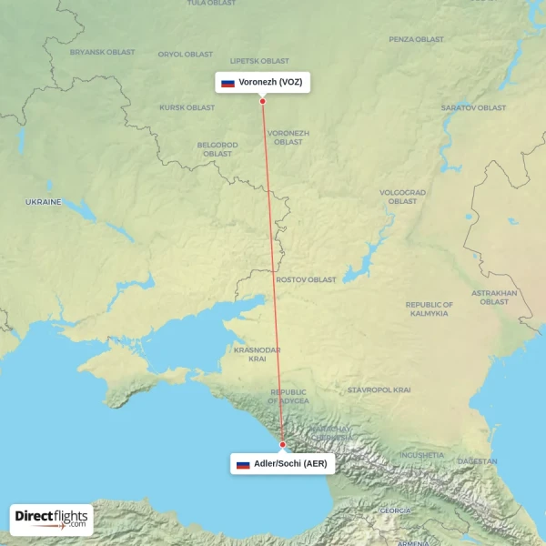 Voronezh - Adler/Sochi direct flight map