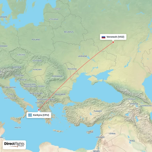 Voronezh - Kerkyra direct flight map