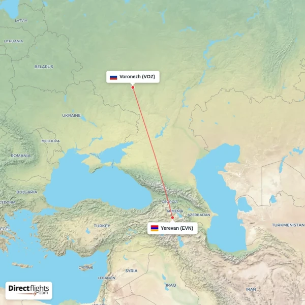 Voronezh - Yerevan direct flight map