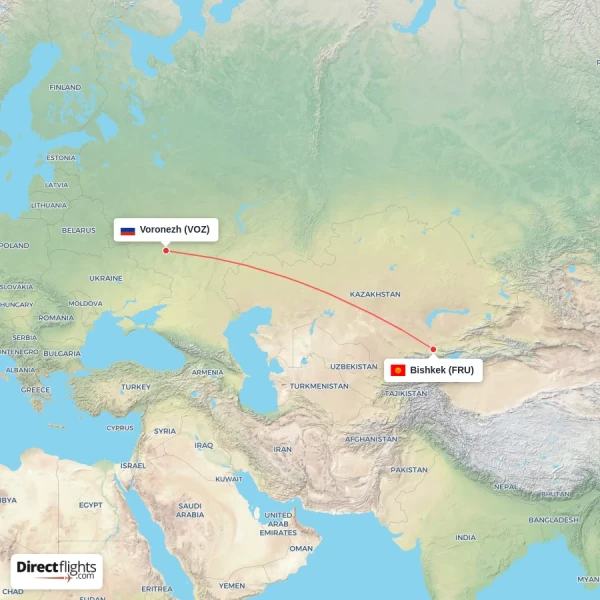 Voronezh - Bishkek direct flight map