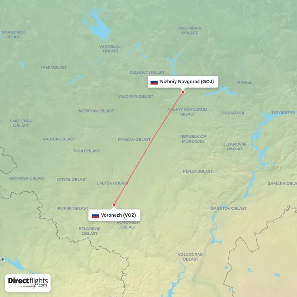 Voronezh - Nizhniy Novgorod direct flight map