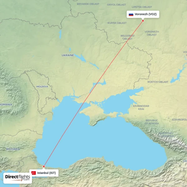 Voronezh - Istanbul direct flight map