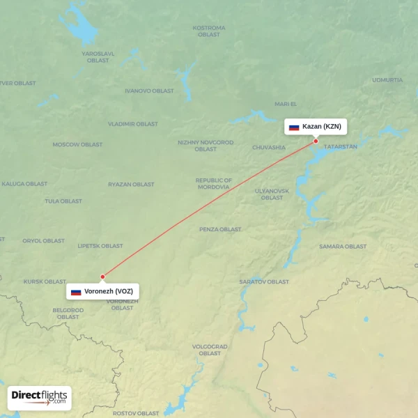 Voronezh - Kazan direct flight map