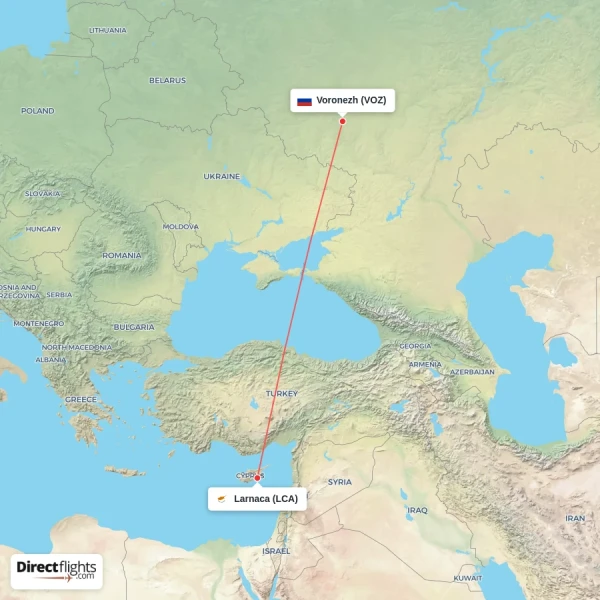 Voronezh - Larnaca direct flight map