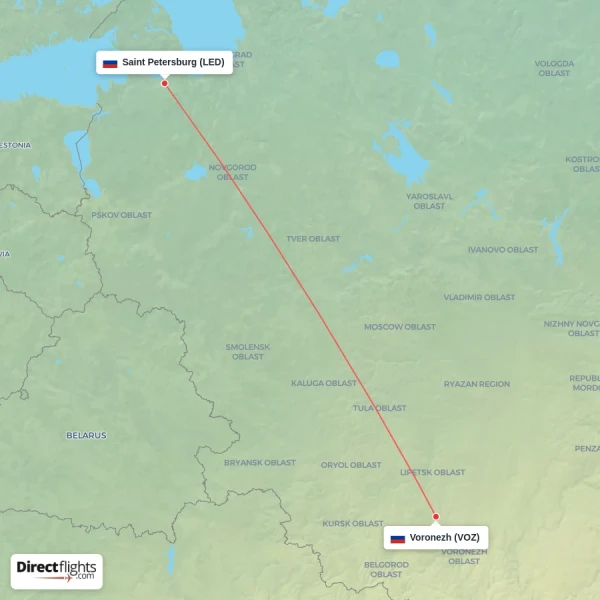 Voronezh - Saint Petersburg direct flight map