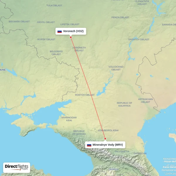 Voronezh - Mineralnye Vody direct flight map