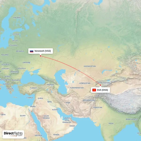 Voronezh - Osh direct flight map