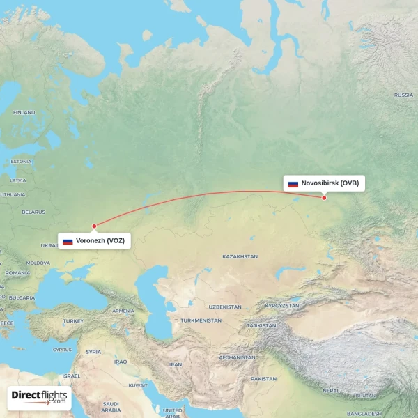 Voronezh - Novosibirsk direct flight map
