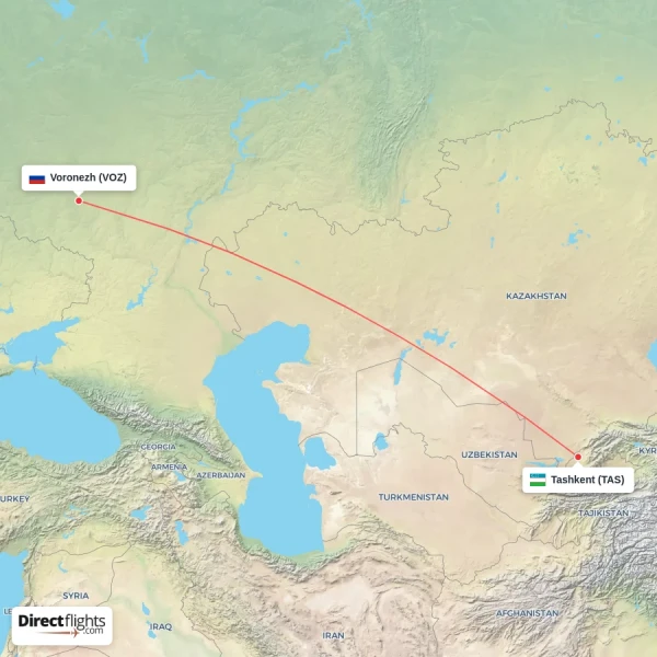 Voronezh - Tashkent direct flight map