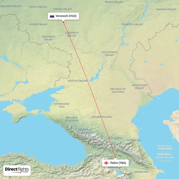 Voronezh - Tbilisi direct flight map