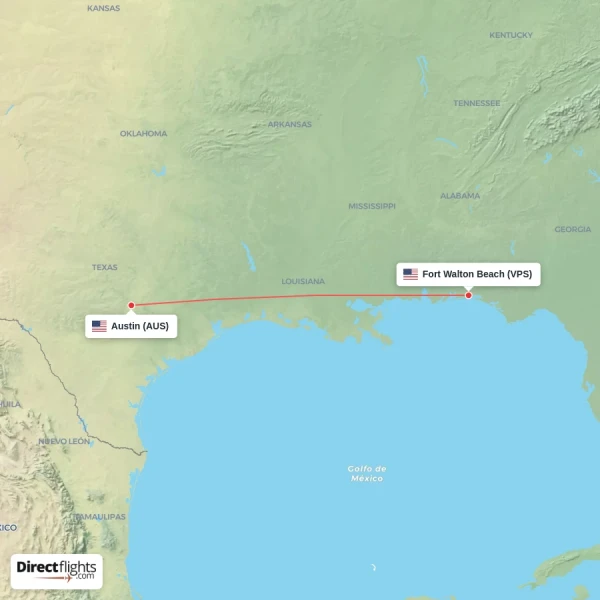 Fort Walton Beach - Austin direct flight map