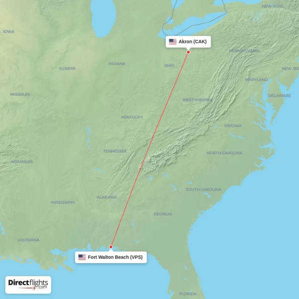 Fort Walton Beach - Akron direct flight map