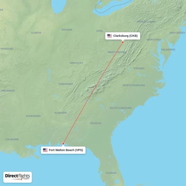 Fort Walton Beach - Clarksburg direct flight map