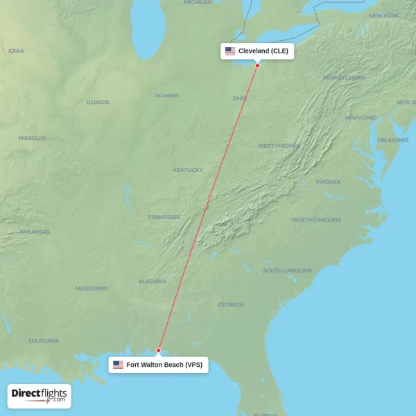 Fort Walton Beach - Cleveland direct flight map